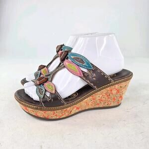 Spring Step Art To Wear Slide Shoes US 8.5 Floral Leather Bonita Wedge Sandals